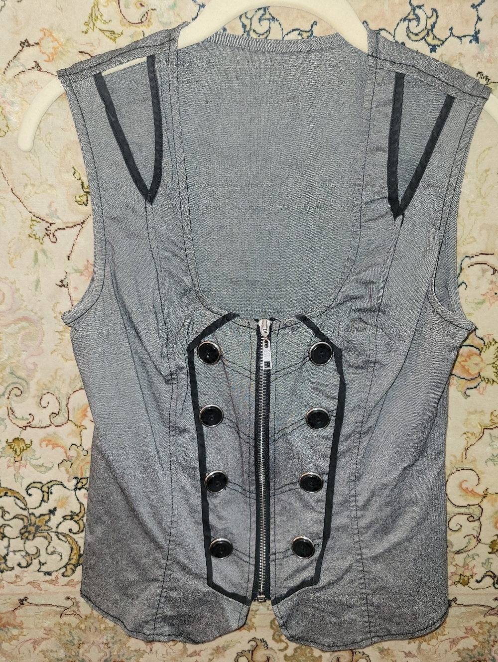 Vintage Y2k Gray Zip Up Black Button Vest Top